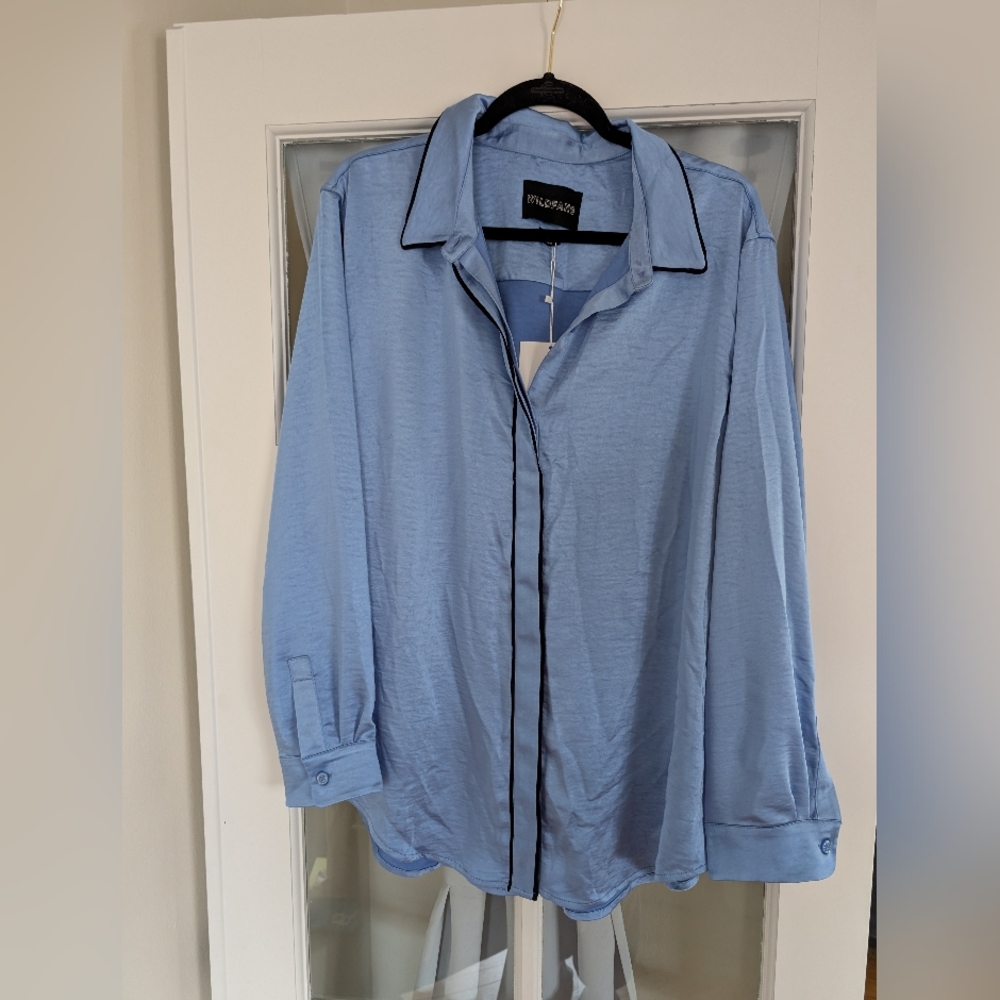 New Wildfang Satin Blue Button Up XL
